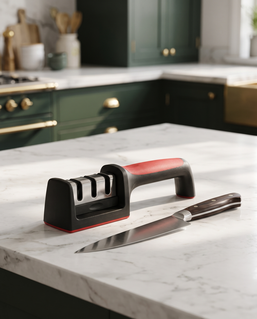 Handheld knife sharpener on marble