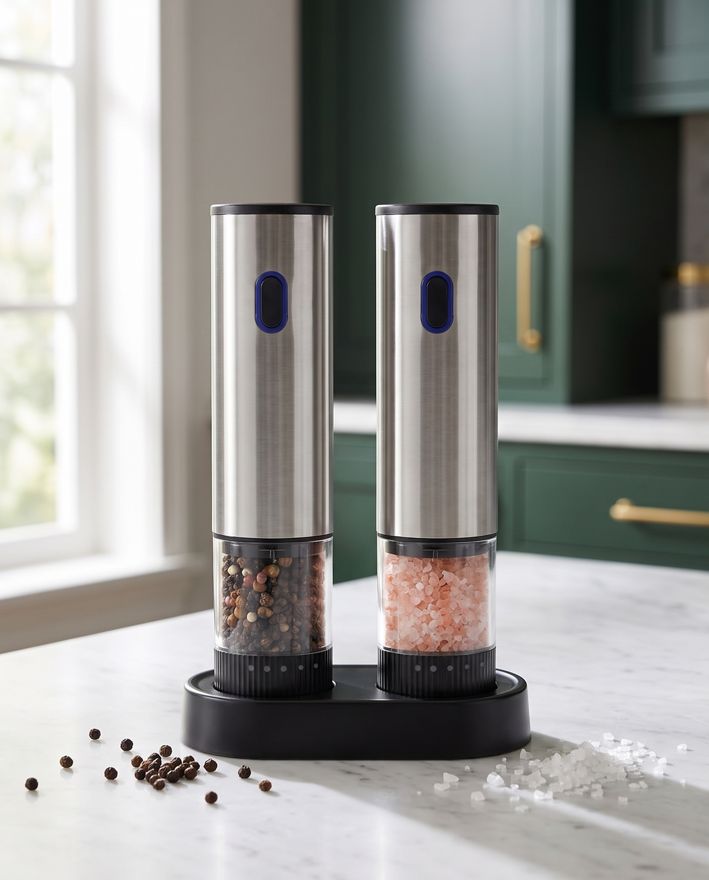 GrindHaus electric salt and pepper grinder set on marble