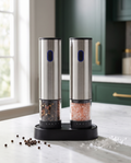 GrindHaus electric salt and pepper grinder set on marble