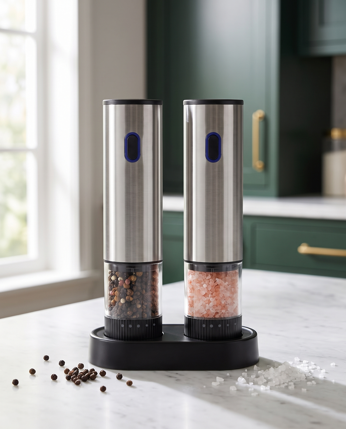 GrindHaus electric salt and pepper grinder set on marble