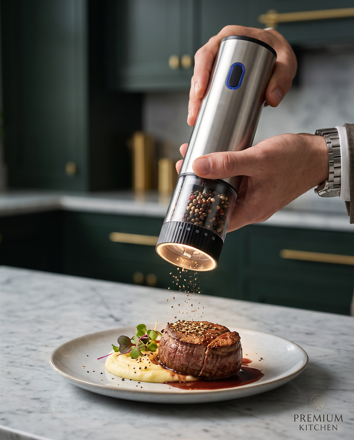 Grinder with LED light seasoning a plated dish