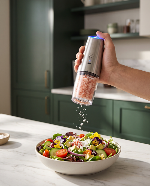 Grinding salt over a fresh salad
