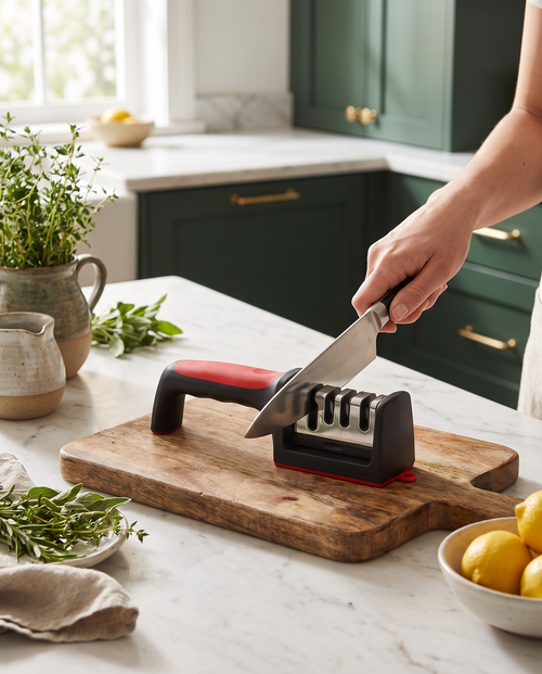 Sharpening a chef's knife on a board