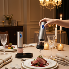 Seasoning a dish at an elegant dinner table with the grinder set