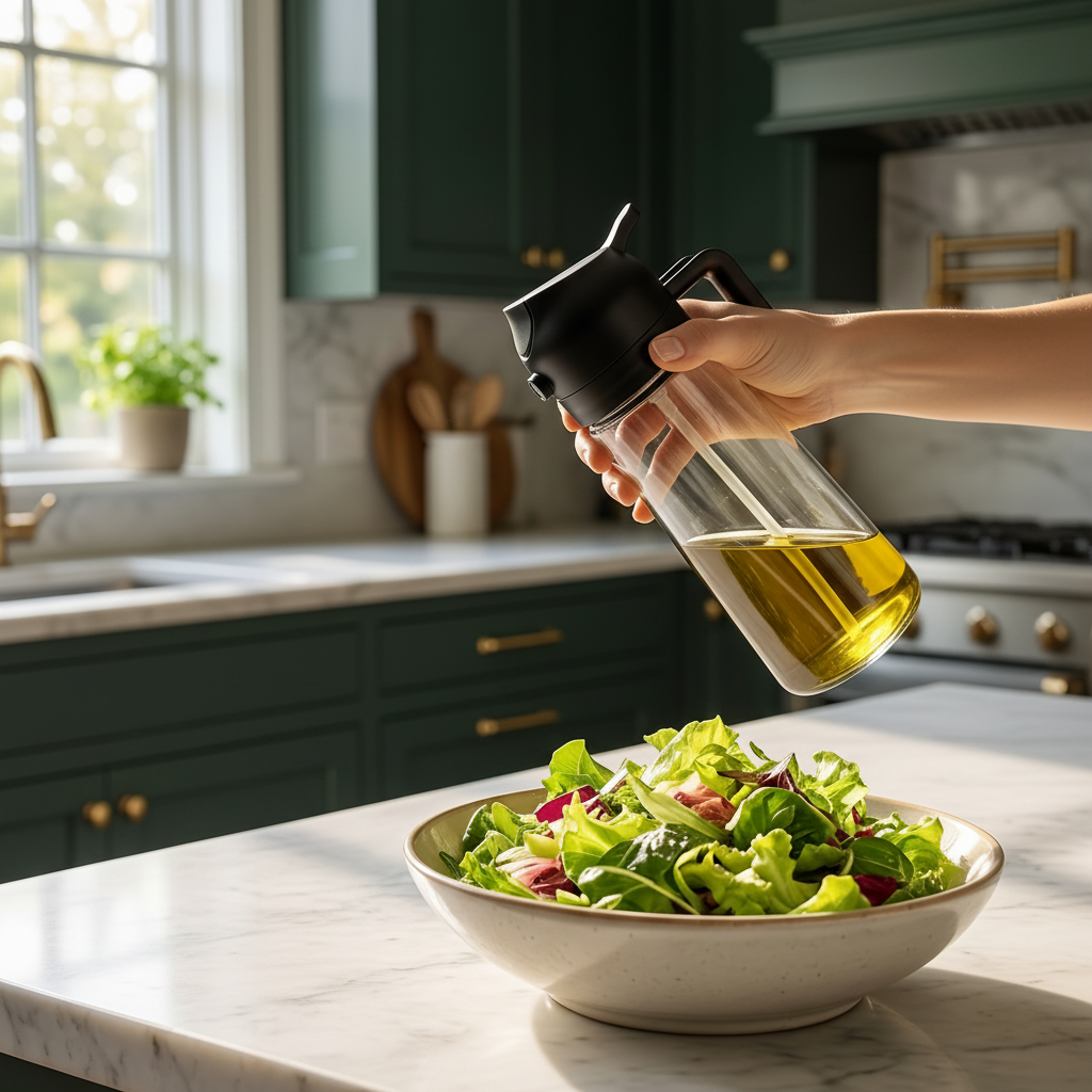 Misting oil over a fresh green salad with the glass oil sprayer